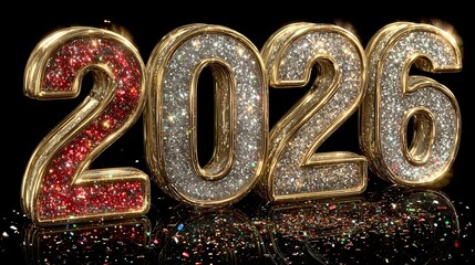 Bright metallic numbers showing 2026 with shiny surfaces and colorful sparkles for a celebration event