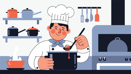 Chef stirring soup in large pot on stove. Modern flat vector cooking illustration with clean shapes and solid colors