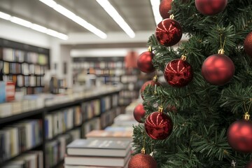 Festive christmas tree adorning cozy, rustic bookstore filled with shelves of books, ideal for the holiday season