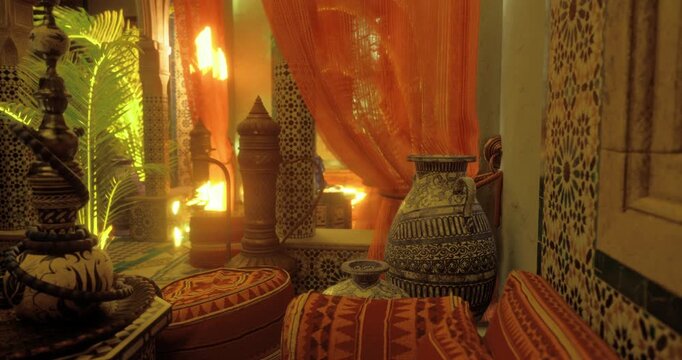 In a cozy Moroccan inspired space, rich textures and colors blend together harmoniously. Orange curtains filter sunlight, creating a warm atmosphere that enhances the intricate tile designs.