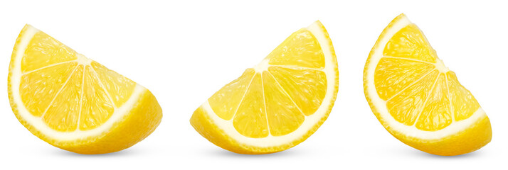 Lemon slices collection. Yellow lemon slice set. Citrus fruit isolated on white background. Full depth of field.