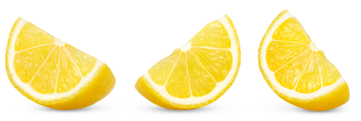 Lemon slices collection. Yellow lemon slice set. Citrus fruit isolated on white background. Full depth of field.