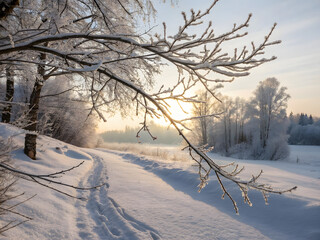 Obraz premium Winter landscape with snow-covered path and frosted trees at sunset in a quiet park