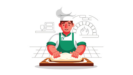 Chef kneading pizza dough on wooden board. Modern flat vector Italian cooking illustration with solid tones
