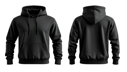 Front and back view of a blank, black hooded sweatshirt on a dark backdrop
