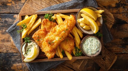 Crispy fried fish and chips served with lemon and sauce