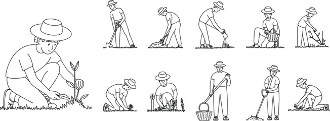 Line Art Illustrations of a Gardener Planting and Tending to Plants in Various Poses gardening