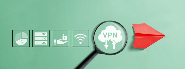 Flat lay image of a virtual private network (VPN) for secure data transfer and online security, represented by a cloud with VPN text. Concept of Data Sharing