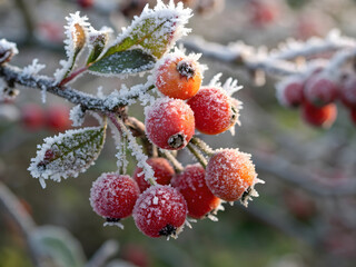 Frost covering red and orange berries on a branch in a cold landscape during early morning hours