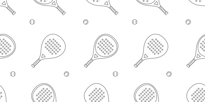 Black and white seamless padel rackets and balls pattern.Padel equipment repeat cover ornament.Line art, ink, minimalist.Wallpapers,wrapping paper,active lifestyle branding.Vector illustration EPS10