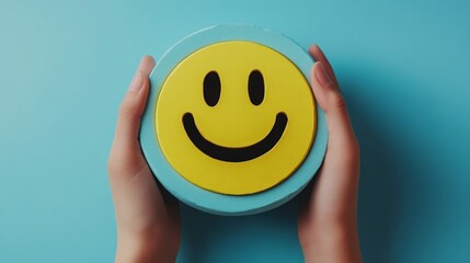A smiling emoji on a circle in your hands creates a positive mood — an excellent background for advertising children's products or motivational posts.