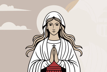 A detailed illustration of the Virgin Mary with a halo, hands clasped in prayer, wearing a white veil and robe.