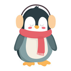 Cute penguin with scarf and earphones vector illustration
