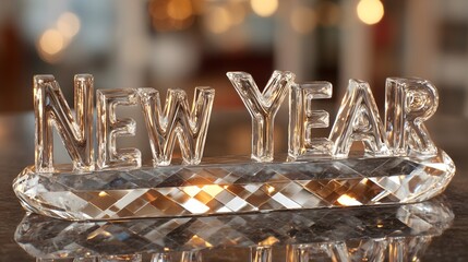 Crystal words New Year shine brightly on surface in celebration of the upcoming annual event at a festive gathering