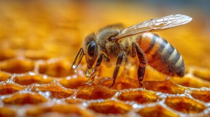 Close-up of a honeycomb with amber honey bees, focusing on a worker bee&rsquo;s wings on a cell, with the queen bee in the center. Natural light illuminates this intricate scene, captured with a macro lens.