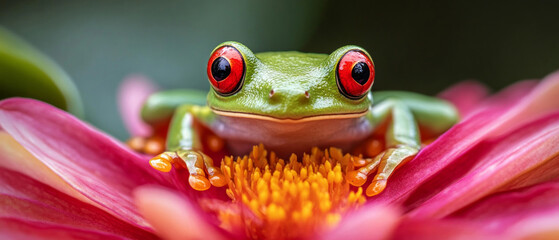A green frog with red eyes sits on a bright flower, creating harmony with nature — the perfect atmospheric backdrop for environmental presentations and children's books.