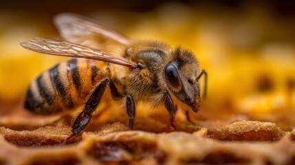 Close-up of a honeycomb with amber honey bees, focusing on a worker bee&rsquo;s wings on a cell, with the queen bee in the center. Natural light illuminates this intricate scene, captured with a macro lens.