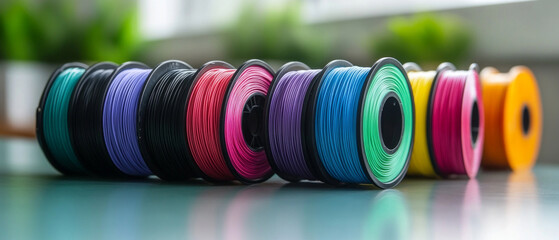 Colourful spools of 3D plastic are neatly lined up, creating a creative backdrop for materials on design, technology or innovation.