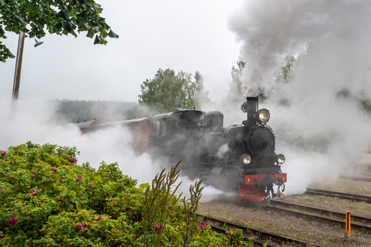 Old steam train releasing smoke at station
