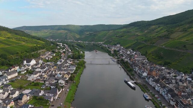Zell village, Moselle river, Zeller Hamm, aerial view over Mosel valley landscape, Rhineland Palatinate, Germany, vineyard mountain