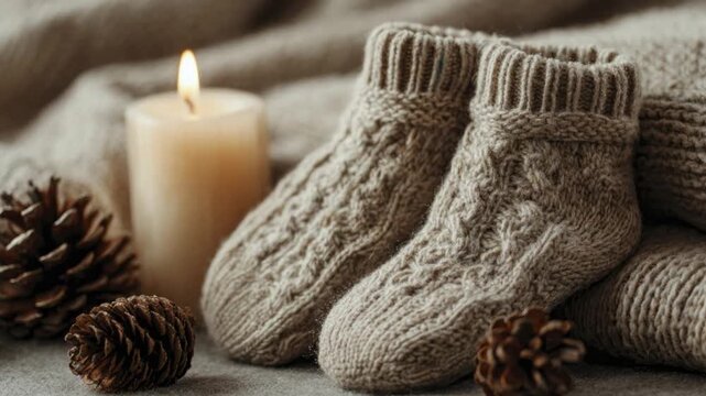 A serene close-up shot captures a pair of adorable, intricately hand-knitted baby socks or booties, crafted from soft, natural-toned yarn with beautiful cable patterns. They rest gently on a cozy knit