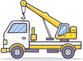 Naklejka premium Heavy industrial construction vehicle: yellow hydraulic crane isolated on white with an accompanying toy truck