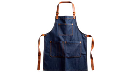 Denim apron with leather straps and multiple pockets, isolated on black background