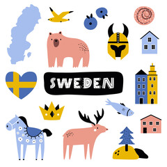 Sweden Design with Icon Set. Cute Swedish Symbols, Nature Elements and Map Vector for Stickers, Prints, Travel Designs