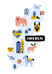 Cute Cartoon Sweden Map with Symbols. Colorful Vector Illustration, Design for Prints, Frame Arts, Souvenirs.