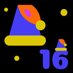 Neon colors and black advent calendar illustration in flat vector style with Christmas and New Year hat