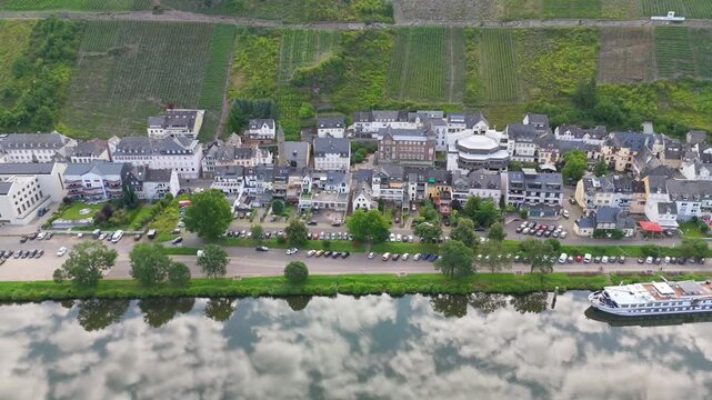 Zell village, Moselle river, Zeller Hamm, aerial view over Mosel valley landscape, Rhineland Palatinate, Germany, vineyard mountain