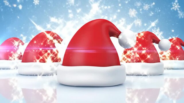 Festive red santa hats on white surface with winter background