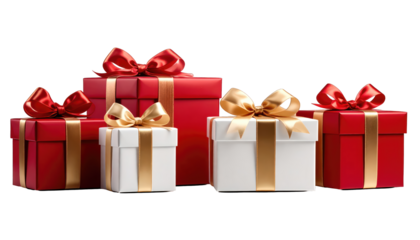 Festive array of wrapped gifts, red and white boxes adorned with elegant bows
