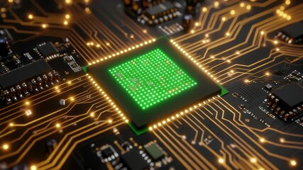 Close-up of a green microchip on a circuit board with gold connections and components, showcasing a bright green square microprocessor surrounded by golden pathways and small lights. - Powered by Adobe