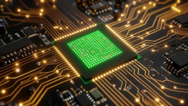 Close-up of a green microchip on a circuit board with gold connections and components, showcasing a bright green square microprocessor surrounded by golden pathways and small lights.