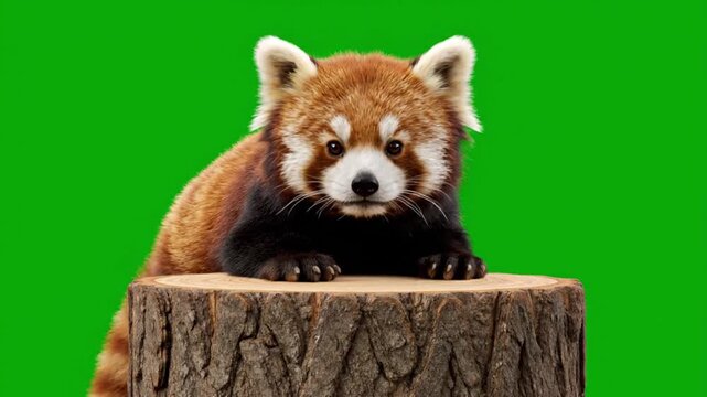 Adorable red panda resting its paws on a wooden stump with a vibrant green screen background, perfect for animal and nature productions.