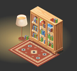 Vintage Wooden Bookcase and Lamp on Carpet. Cozy Reading Corner Isometric Illustration