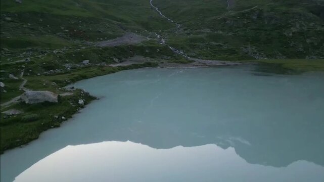 Moiry Glacier Sunrise Close Orbit Over Mirror Lake