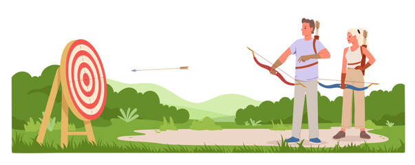 Fototapeta premium Man and woman shooting arrows at a target in an isolated outdoor setting vector illustration