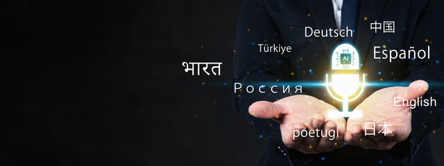 Businessman presenting artificial intelligence language translation above his open hand. Glowing AI...