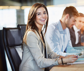 Fototapeta premium Portrait, meeting and team with business woman in office for legal, court case review and discussion. About us, witness report planning and collaboration with employees in law firm for settlement