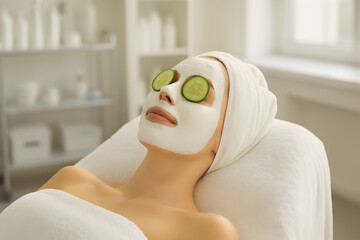 A serene woman lies down with a white face mask and cucumber slices over her closed eyes, wearing a white towel on her head and body, in a spa-like setting with shelves of products in the background.
