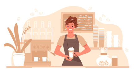 Isolated young barista girl holding coffee cup behind counter in modern cafe vector illustration