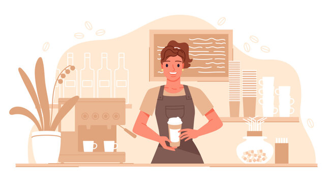 Isolated young barista girl holding coffee cup behind counter in modern cafe vector illustration - Powered by Adobe