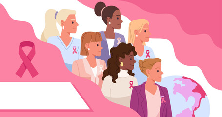 Isolated group of women united for breast cancer awareness with pink ribbon symbol vector illustration