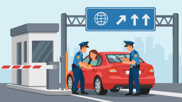 Police officers checking a car at a border crossing or security checkpoint with a driver inside.