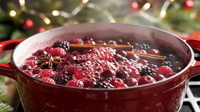 Vibrant steaming hot berry compote simmering in festive red pot during holiday celebration