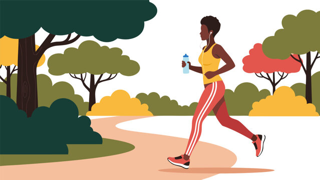 A fit Black woman with athletic build running on a park path holding a water bottle.