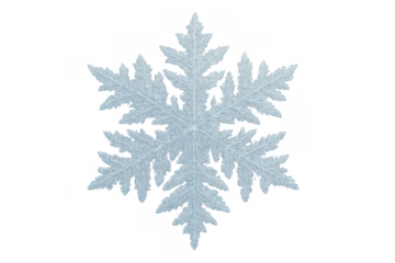 Blue ice crystal forming symmetrical snowflake shape representing cold, winter, frost, and holiday decoration on transparent