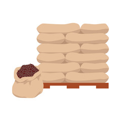 Stacked burlap sacks filled with cocoa beans on a wooden pallet, representing raw material storage in chocolate production, isolated on white background vector illustration